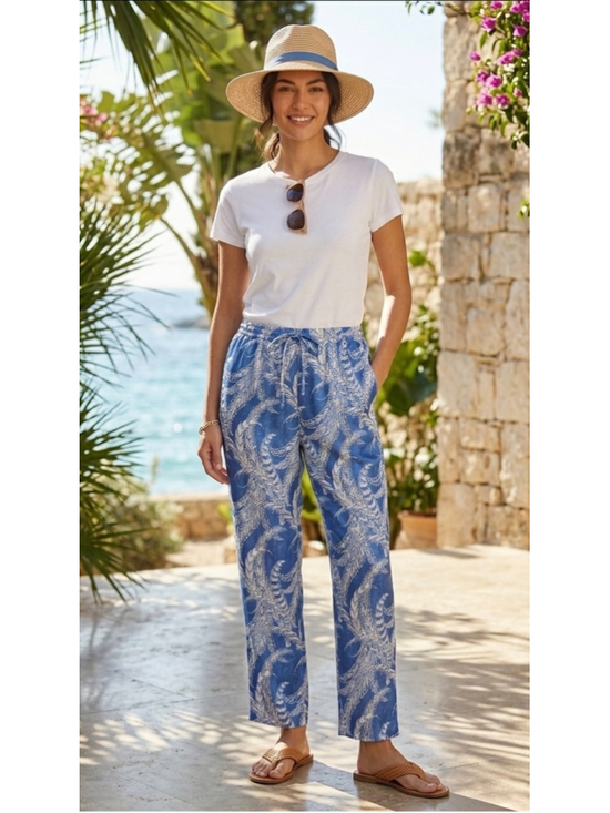 J. McLaughlin Pants - NWT J.McLaughlin Luxe Silk Blend Blue White Fern Leaf Drawstring Pants Size M